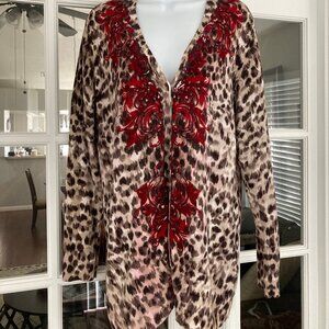 Chico's Long Leopard Cardigan  Duster Sweater Red Floral Trim  2 Medium